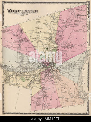 La carte d'une plus grande ville de Worcester. 1870 Banque D'Images