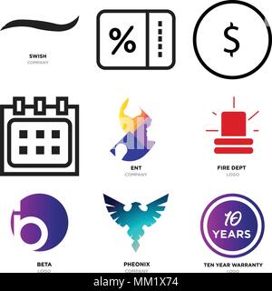 Ensemble de 9 icônes modifiable simple comme garantie 10 ans, Pheonix, bêta, Fire Dept, ent, Calendrier, USD, dollar, p. 100, swish noir, peut être utilisé pour Illustration de Vecteur