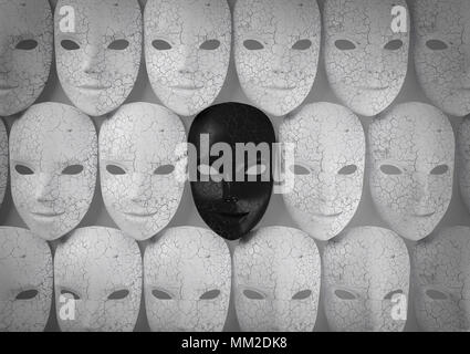 Smiling black mask entre les masques blancs, concept hypocrite, rendu 3D Banque D'Images
