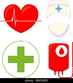 Don de sang coloré cartoon icon set isolé sur fond blanc. Coeur cardiogramme, IV, sac medical avatar et trousse de premiers soins. Je vecteur Santé Illustration de Vecteur