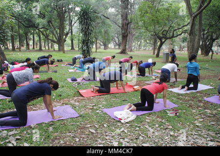 Groupe de jeunes hommes et femmes accomplissant yoga Yoga à Cubbon Park, à Bangalore. Banque D'Images