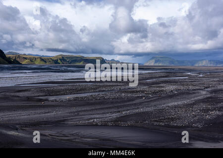 Mýrdalssandur, la plaine d'épandage fluvio-glaciaire situé entre les rivières d'Kúðafljót Múlakvísl dans l'Est et à l'ouest, Islande Banque D'Images