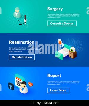 Réanimation Chirurgie et bannières rapport de conception couleur isométrique Illustration de Vecteur