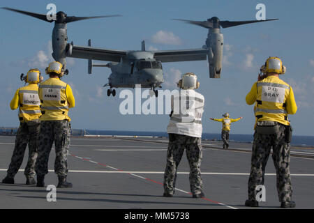 Une MV-22B avion à rotors basculants Osprey atterrit sur le poste de pilotage de la Royal Australian Navy's HMAS Adelaide (L01), 7 septembre 2017, marquant la première fois qu'un balbuzard a atterri sur le bateau. L'Osprey appartient à l'escadron 265 à rotors basculants moyen maritime (renforcée), qui fait partie de la 31e unité expéditionnaire de marines de l'aviation de l'élément de combat. L'Osprey est capable de décoller comme un hélicoptère et de voler comme un aéronef à voilure fixe, lui permettant de voyager plus rapidement et sur de plus grandes distances que ses prédécesseurs. La 31e MEU, qui a récemment participé à l'exercice avec le sabre Talisman Banque D'Images