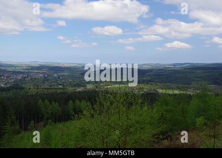 Plantation de conifères Tree Tops. Paysage abstrait de diverses nuances de vert. Scotty Hill, Aberdeen, Écosse, Royaume-Uni. Mai, 2018. Banque D'Images