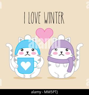 Kawaii les chats dans des vêtements d'hiver et Coffee cup animal cartoon vector illustration Illustration de Vecteur