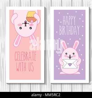 Joyeux anniversaire lapins kawaii cartoon vector illustration de carte de fête Illustration de Vecteur