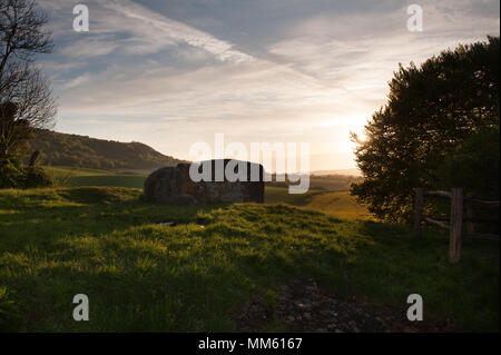 L'Coldrum Long Barrow ou l'Coldrum Stones est un long barrow chambré néolithique ancien lin un état de ruine tumulus de terre au lever de l'aube Banque D'Images