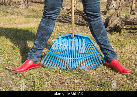 Close-up de pieds femelles en jeans et bottes en caoutchouc rouge avec des râteaux, travaux de jardinage Banque D'Images