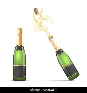 Bouteille de champagne isolés. Vector de bouteilles de champagne, fermée et avec popping cork splash isolé sur fond blanc Illustration de Vecteur