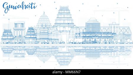 Décrire l'Inde Guwahati City Skyline bleu avec Bâtiments et réflexions. Vector Illustration. Illustration de Vecteur