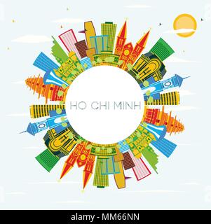 Ho Chi Minh avec toits de bâtiments, de couleur bleu ciel et l'espace de copie. Vector Illustration. Les voyages d'affaires et tourisme Concept avec des bâtiments modernes. Illustration de Vecteur