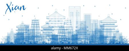 La ville de Xian contour bleu horizon avec les bâtiments. Vector Illustration. Les voyages d'affaires et tourisme Concept avec l'architecture historique. Illustration de Vecteur