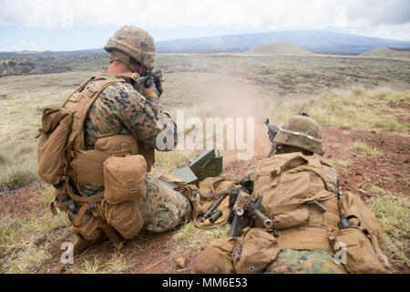 Zone d'entraînement de POHAKULOA, NEW YORK -- Le Cpl. Tyler Stallings et le Cpl. Zach Wilson, mitrailleurs à la Compagnie India, 3e Bataillon, 3e Régiment de Marines, fournir répression lors d'une agression de l'air à l'événement de formation Formation Pohakuloa salon, 3 septembre 2017. L'Escadron d'hélicoptères lourds Marine 463 Marines menées avec l'Inde Co. à partir de la zone d'atterrissage a plongé à 17 gamme, où ils ont mené des attaques du peloton avec l'aide de mortiers de 60 mm et plusieurs mitrailleuses. Bougainville EXERCICE II prépare 3/3 pour le service comme une force déployée dans le Pacifique en les formant à combattre comme un des combats au sol. Banque D'Images