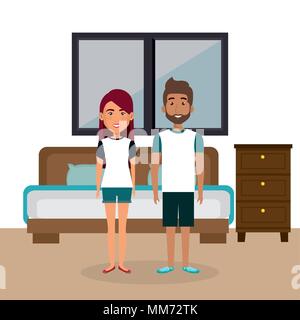 Jeune couple dans la chambre à coucher des avatars personnages Illustration de Vecteur