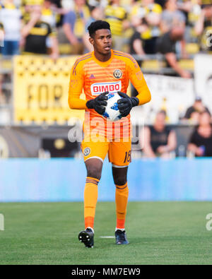 Columbus, États-Unis. 9 mai 2018 : l'Union de Philadelphie gardien Andre Blake (18)tout en faisant face à Columbus Crew SC dans leur match à Mapfre Stadium. Brent Clark/Alamy Live News Banque D'Images