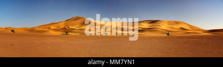 Périphérie du désert du Sahara au Maroc, les dunes de sable jaune, au premier plan il y a des traces de pneus et de sentiers, photo panorama, Merzouga, Mor Banque D'Images