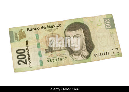 Billet de 200 pesos mexicains isolé sur fond blanc. Banque D'Images