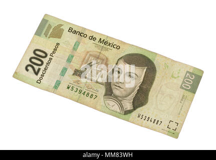 Billet de 200 pesos mexicains isolé sur fond blanc. Banque D'Images