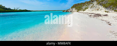 Vaste panorama d'une belle plage aux Bahamas avec du sable sur la droite et l'océan dans la gauche Banque D'Images