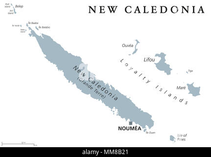 Carte politique de la Nouvelle-Calédonie, Nouméa capitale. Le collectif de la France dans l'océan Pacifique. L'archipel. L'île principale Grand Terre et îles Loyauté. Banque D'Images