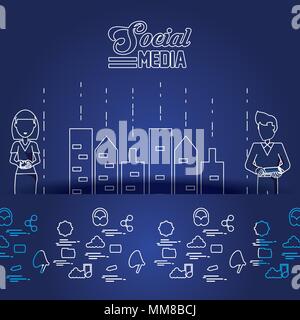 Business couple with social media icons vector illustration design Illustration de Vecteur