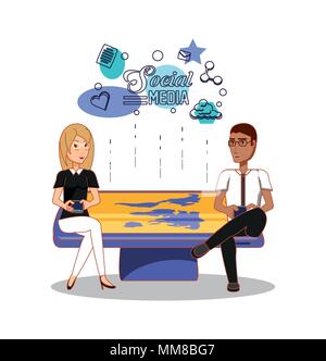 Business couple with social media icons vector illustration design Illustration de Vecteur