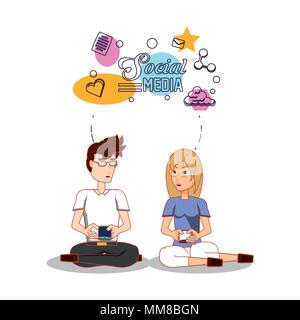 Business couple with social media icons vector illustration design Illustration de Vecteur