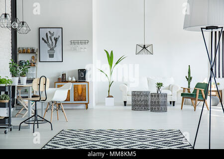 Loft blanc intérieur en style scandinave avec des tapis motif Banque D'Images
