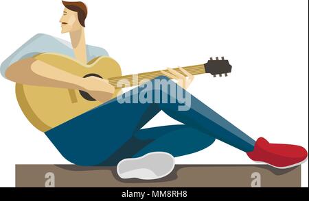 Musicien de race blanche assise avec la guitare en mains. L'homme jouant Hipster guitare acoustique. Illustration de Vecteur