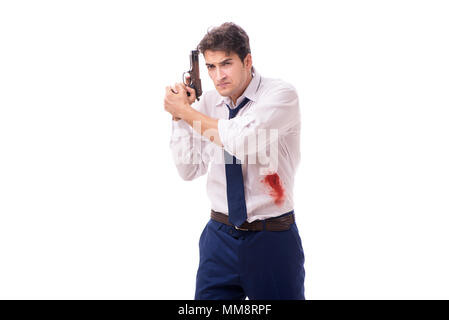 Businessman blessés en fusillade isolated on white Banque D'Images