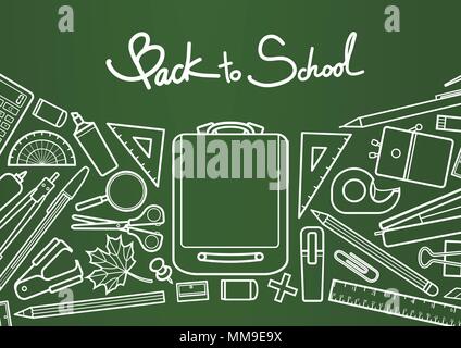 Retour à l'école avec calligraphie stationnaire sur fond vert. La conception d'arrière-plan pour l'école et l'éducation dans l'illustration vectorielle. Illustration de Vecteur