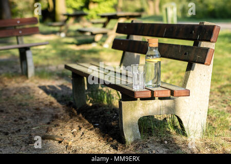 Une bouteille d'eau avec du citron et un verre. Un banc sur lequel est placée une boisson rafraîchissante. La saison de printemps. Banque D'Images