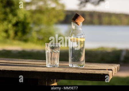 Une bouteille d'eau avec du citron et un verre. Un banc sur lequel est placée une boisson rafraîchissante. La saison de printemps. Banque D'Images