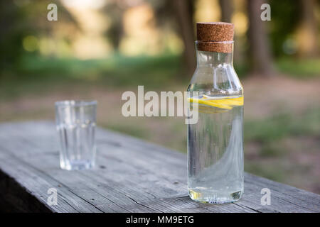 Une bouteille d'eau avec du citron et un verre. Un banc sur lequel est placée une boisson rafraîchissante. La saison de printemps. Banque D'Images