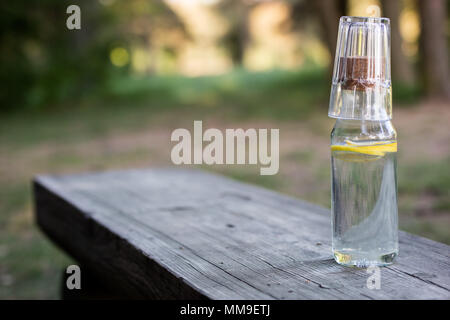 Une bouteille d'eau avec du citron et un verre. Un banc sur lequel est placée une boisson rafraîchissante. La saison de printemps. Banque D'Images