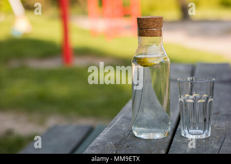 Une bouteille d'eau avec du citron et un verre. Un banc sur lequel est placée une boisson rafraîchissante. La saison de printemps. Banque D'Images