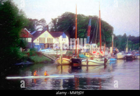 L'effet d'huile de peinture numérique deux rameurs en passant la cale sèche et bateaux amarrés à Eel Pie Island, Twickenham, Angleterre Banque D'Images