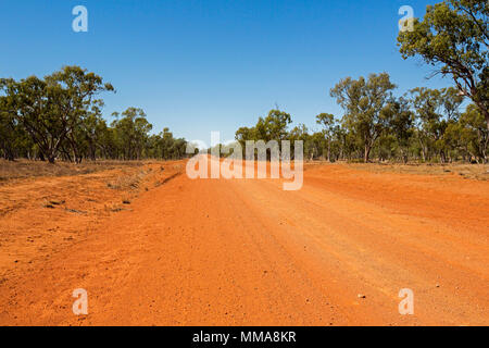 Longue ligne droite route de terre le tranchage par Australian Outback paysage avec eucalyptus dispersés et s'étend à l'horizon lointain sous blue Banque D'Images