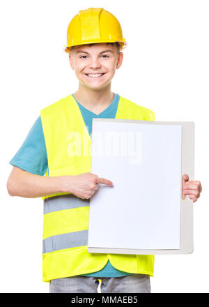 Teen boy in hard hat Banque D'Images