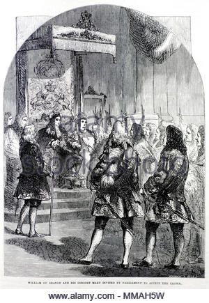 Guillaume d'Orange et son épouse Mary II invité par le parlement d'accepter la couronne en tant que souverains mixte en 1689, antique illustration de circa 1880 Banque D'Images