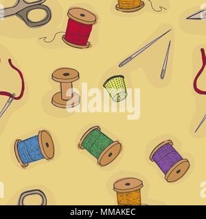 Accessoires de couture. Les fils, ciseaux, coupe-aiguilles. Articles pour la broderie illustration vectorielle. Motif de fond transparent Illustration de Vecteur