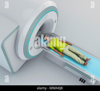 Tomodensitométrie, computed tomography scan, mesures des rayons X pour produire des images transversales. Jeune patient couché prêt pour une tomodensitométrie Banque D'Images