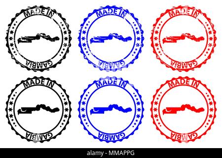 Faite en Gambie - timbres en caoutchouc - vecteur, la Gambie carte - noir, bleu et rouge Illustration de Vecteur