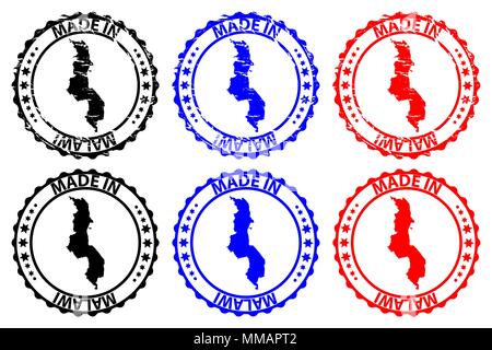 Faite au Malawi - timbres en caoutchouc - vecteur, Malawi carte - noir, bleu et rouge Illustration de Vecteur