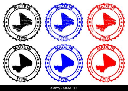 Faites au Mali - timbres en caoutchouc - vector, Mali carte - noir, bleu et rouge Illustration de Vecteur