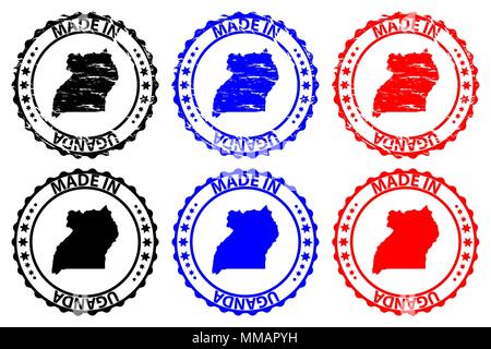Faite en Ouganda - timbres en caoutchouc - vecteur, République de l'Ouganda carte - noir, bleu et rouge Illustration de Vecteur