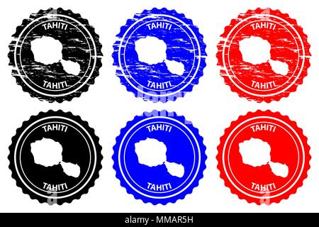Tahiti - rubber stamp - vecteur, Tahiti carte - sticker - noir, bleu et rouge Illustration de Vecteur