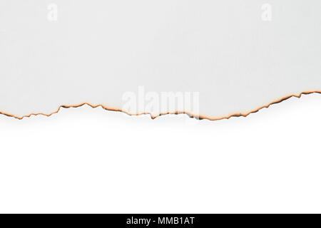Feuille de papier brûlé edge close up isolé sur blanc. La texture et l'arrière-plan Banque D'Images