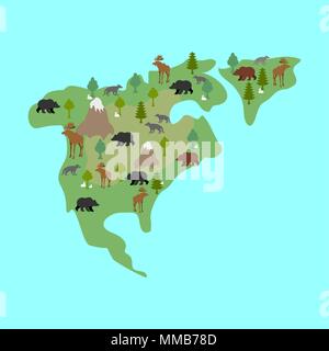 La carte de l'Amérique du nord de la flore et de la faune. Les animaux et les plantes sur terre ferme. Vector illustration Illustration de Vecteur